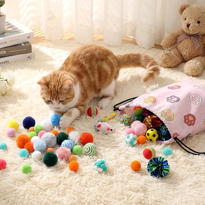 Leitee Cat Toy Balls Bulk with 1 Cat Paw Gift Storage Bags Set - Variety Interactive Kitten Toys Bundle with Crinkle Ball, Balls, Bells for Cats Mom Kittens and Indoor Cats Chase Pounce Rattle Play