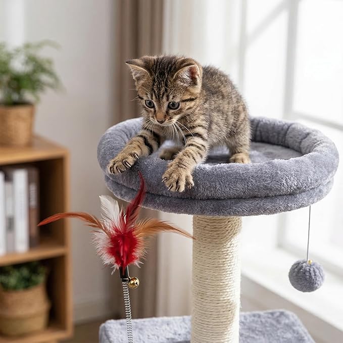 Cat Tree Tower for Indoor Cats, Cat Tree with 3 Spacious Cat Houses & Condos, Full Sisal Scratching Posts and Cat Scratcher Toys, Grey