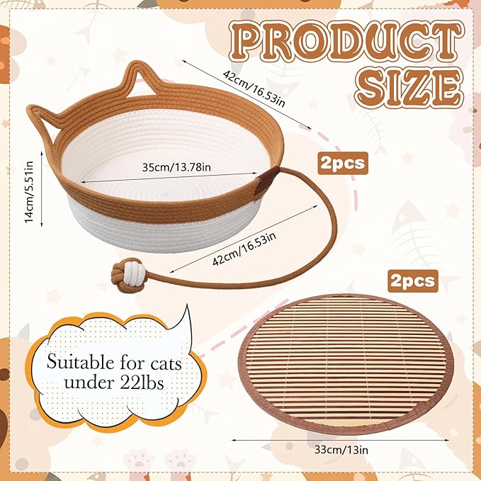 Novabright 2 Pack Handwoven Cat Basket Include 2 Pcs 16.5 x 13.8 x 5.5 Inch Breathable Cat Bed with Tail and 2 Pcs Cooler Mats, Scratchable Basket for Cats, Puppies, Rabbits, and Small Pets