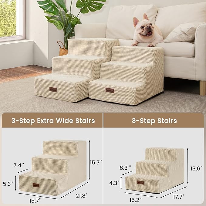 Aodisman Dog Stairs for Small Dogs & Cats, 3-Step Extra Wide Non-Slip Pet Steps for Couch Sofa and Chair, Beige, 15.7" H