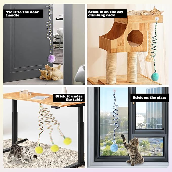 Andiker Cat Spring Toy, Self-Play Stretchable Door Hanging Cat Toy with Bell for Indoor Interactive Cat Toy, Soft Plush Ball with Spring Kitten Toy for Cat Kitten Playing Exercising (Yellow+Blue)