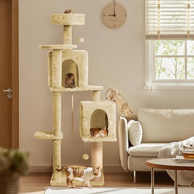 59in Large Cat Tree Tower for Indoor Cats with Soft Plush Hang Ball, Two Condos, Sisal Scratch Posts & Rope Play for Kittens/Adult Cats, New Beige