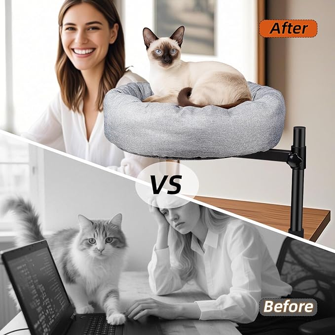 Cat Hammock Bed for Desk Edge, Rotating & Height Adjustable Pet Lounge with Thick Soft Cushion, Space Saving Desk Mounted Resting Perch for Cats & Small Pets Up to 45 lbs, Grey