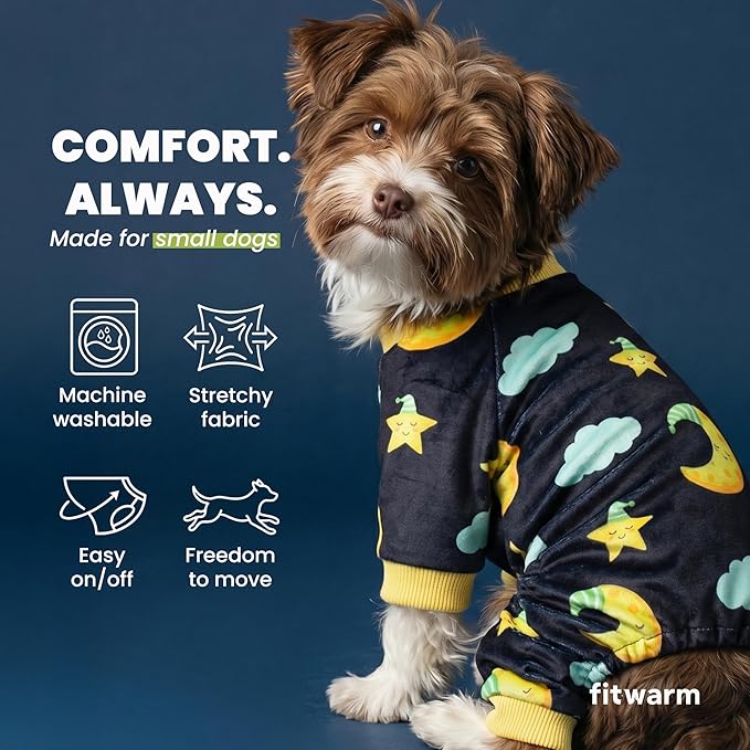 Fitwarm Moon and Stars Dog Fleece Pajamas, Cozy Winter Clothes for Small Dogs Boy Girl, Funny Pet Outfit, Black, Yellow, XXL