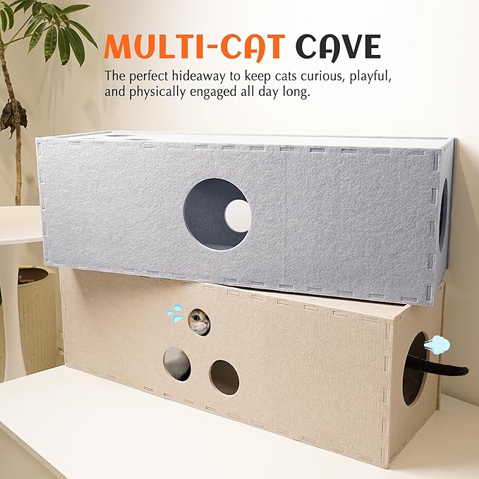 PETKARAY Cat Tunnel, Original Cat Hideaway Cave for Indoor Cats, Large Kitten Play Tubes and Tunnels, Soft Felt Cat Toy with Interactive Peek Hole， Grey Straight