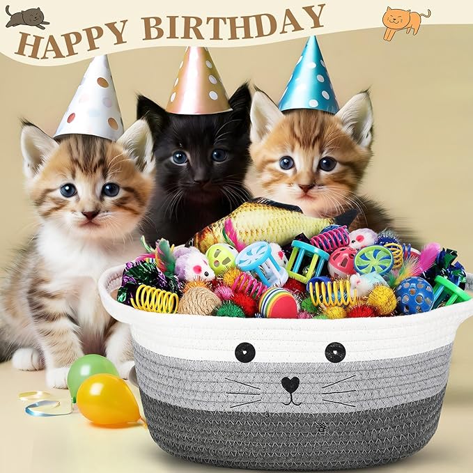 Zopeal 58 Pcs Summer Graduation Cat Storage Basket Gift Toys Set, Colorful Flashing Balls Pet Bell Crinkle Balls Spring Toys Attract Cat to Swat, Hunt, Interactive for Pet(Multicolor,12 Inch)