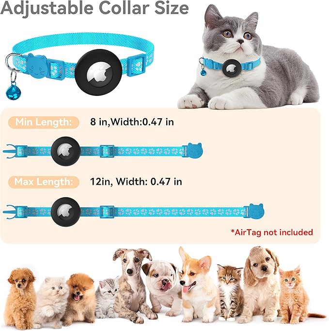 Meliya Airtag Cat Collar Breakaway with Bell, Adjustable Reflective Pet Kitten Collar with Apple Air Tag Holder Case for Girl Boy Cats (Footprints Blue)