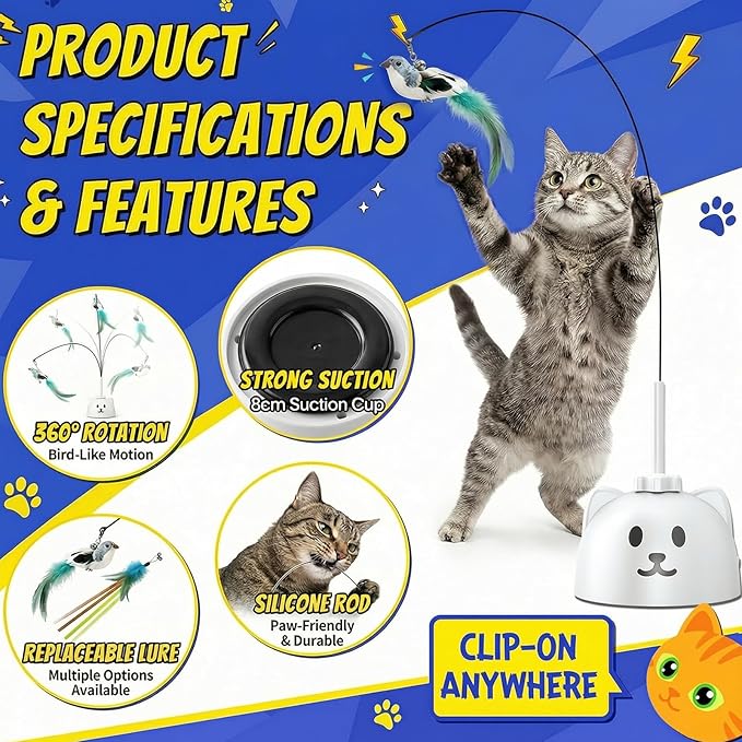 CATPICK Interactive Cat Toys for Indoor Cats - Automatic Flying Bird Feather Toy, USB Rechargeable Electric Cat Teaser with Strong Sticky Base, Smart Motion Self-Play Toy for Bored Cats(Yellow)