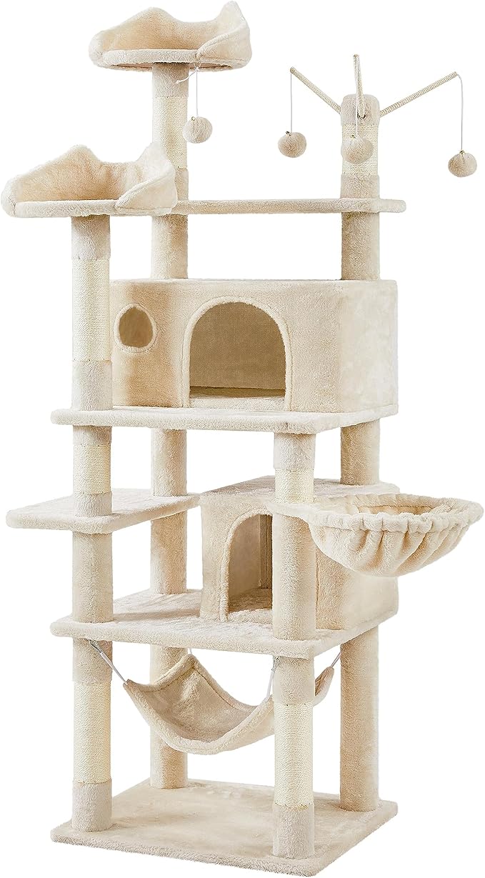Topeakmart Cat Tree, 67in H Cat Tower for Indoor Cats, Multi-Level Climbing Tree with Scratching Posts Cat House w/Large Condo, Soft Hammock, Removable Cat Teaser Sticks, Beige