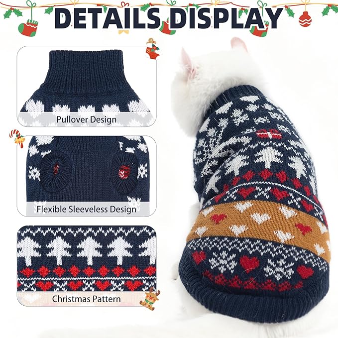 PUPTECK Christmas Cat Sweater, Soft Warm Turtleneck Pet Winter Clothes, Kitten Sweater Apparel, Knitwear Coat for Cats Puppy Outfit Cold Weather Clothes, Navy Blue S