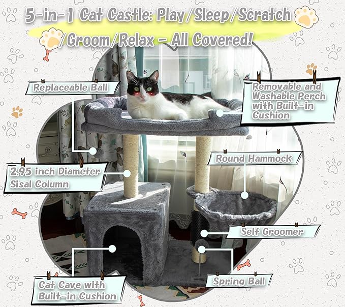 28.3" Small Cat Tree Tower,Cat Scratching Post for Indoor Cats,Featuring with Cat Cave & Cozy Perch,Cat Self Groomer and Interactive Dangling Ball Great for Kittens/Cats (Light Gray, Large)