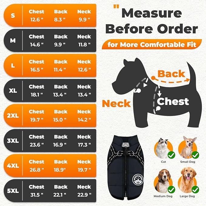 PETCARE Winter Dog Coat with Harness Built in Waterproof Dog Jackets Warm Pet Fleece Vest Windproof Snow Jacket Snowsuit Reflective Dogs Cold Weather Coats for Puppy Small Medium Large Dogs Cats