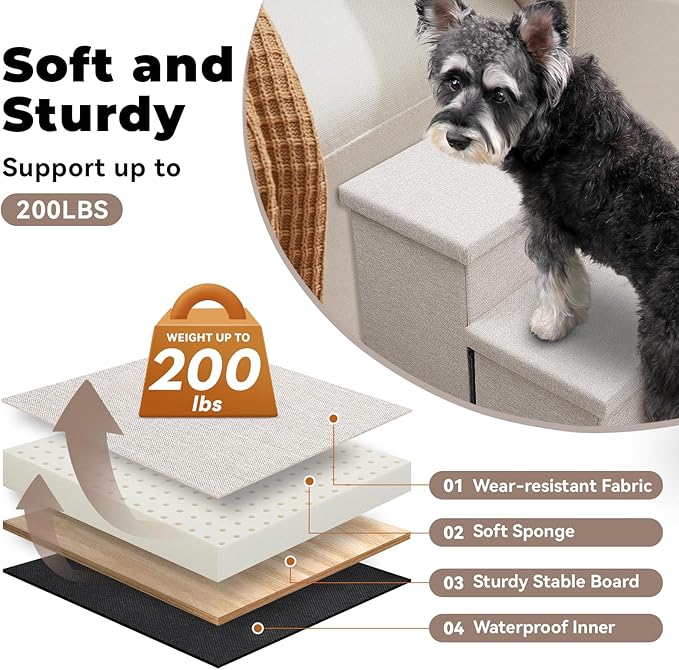 Zerbuger Dog Stairs with Storage 18" H, 3-Step Wider Dog Steps for Small/Medium/Large Old Dogs Cats, Folding Sturdy Pet Stairs Climbing Bed or Couch, Ramp for Car Up to 200 lbs (Beige, No Condo)