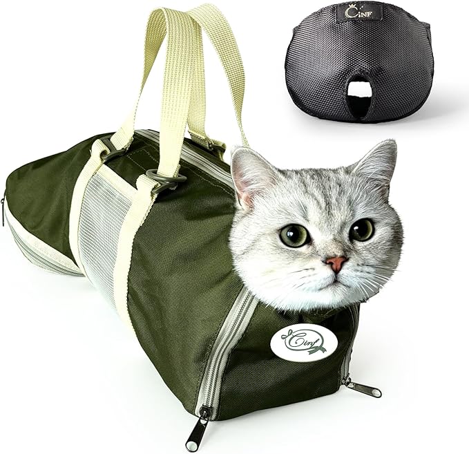 Cinf Cat Nail Clipping Cleaning Grooming Restraint Bag （Free Muzzle） No Scratching Biting for Bathing Nail Trimming Injecting Examining(Moss Green,M)