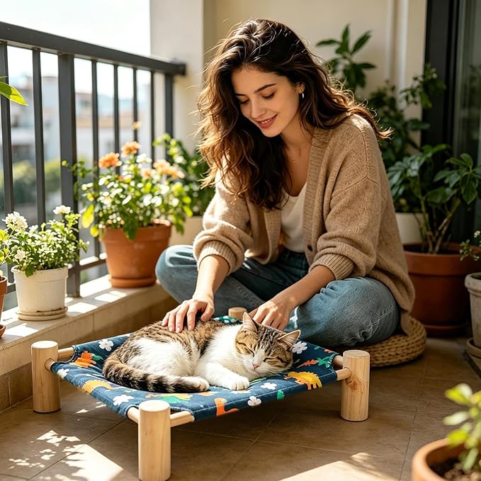 Raised Cat Bed - Wooden Dog Elevated Indoor Outdoor Bed, Cat and Dog Hammock Cot, Removable Sleeping Furniture for Home Living Room Apartment Dorm Outdoor Patio Balcony Porch Corner