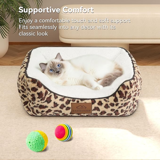 Zerbuger Rectangle Cat Dog Bed for Large Medium Small Pets Indoor Outdoor Machine Washable Sleeping Sofa Non-Slip Bottom Soft Puppy Bed Durable Orthopedic Calming Pet Cuddler (Small, Leopard)
