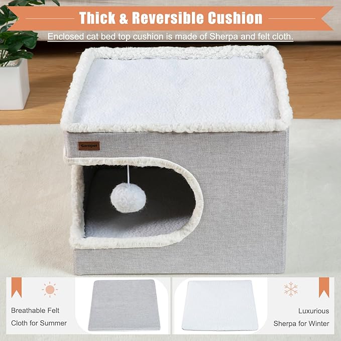 Garnpet Cat Bed for Indoor Cats Cube House, Covered Cat Cave Beds & Furniture with Scratch Pad and Hideaway Tent, Cute Modern Cat Condo for Multi Small Pet Large Kitten Kitty, Navy