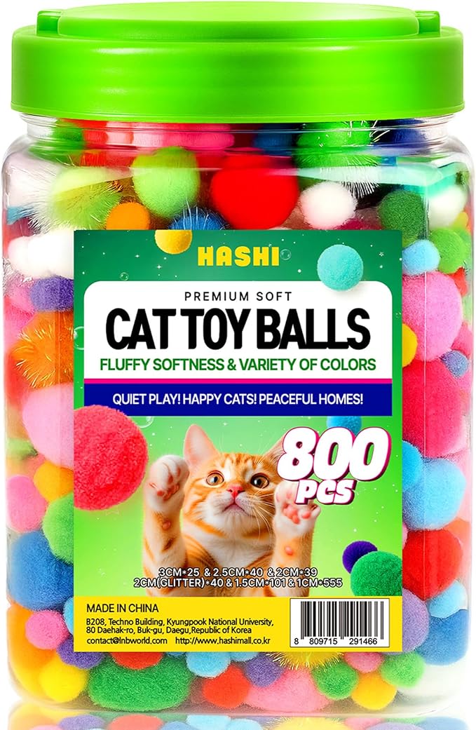 HA SHI [800pcs in Sturdy Jar] Interactive Cat Toy Pom Poms - Small Soft Plush Balls (0.39in-1.2in) for Indoor Kittens, Quiet Night Play, Snuffle & Fetch Toys