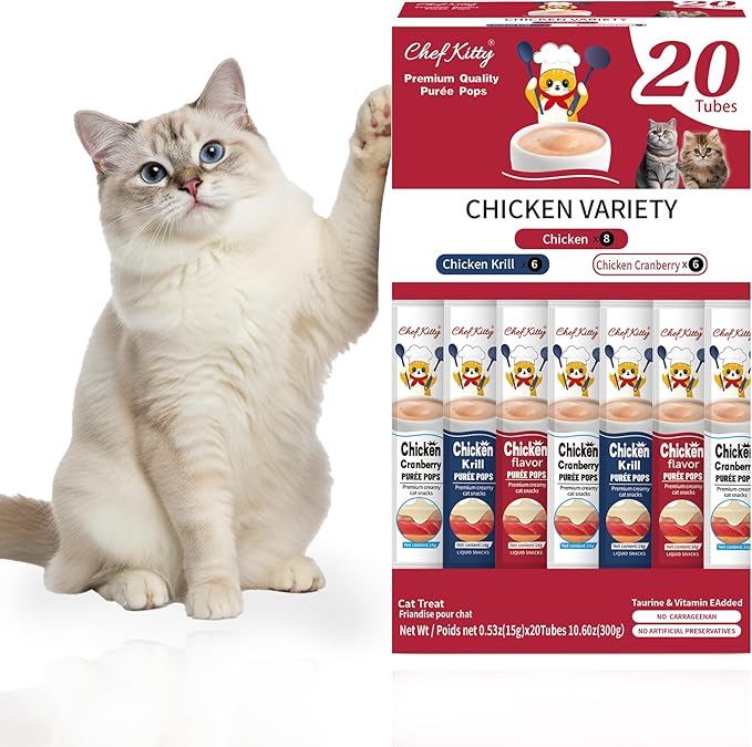 Purée Pops + Yellow Feeding Spoon, Grain-Free, Lickable, Squeezable Creamy Cat Treat/Topper, 20 Tubes, Chicken Mix Variety