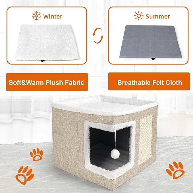 Loyareal Cat Houses for Indoor Cats - Large Cat Bed Cave with Scratch Pad and Fluffy Ball, Foldable Cat Condo Hideaway with Reversible Cushion for Multi Small Pet, Khaki