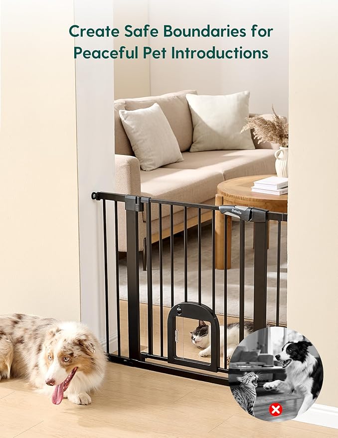 Babelio 36" Tall Upgraded Baby Gate with Cat Door,29-43" Auto Close Durable Dog Gate for Stairs,Doorways and House,Easy Walk Thru,Includes 4 Wall Cups,Black