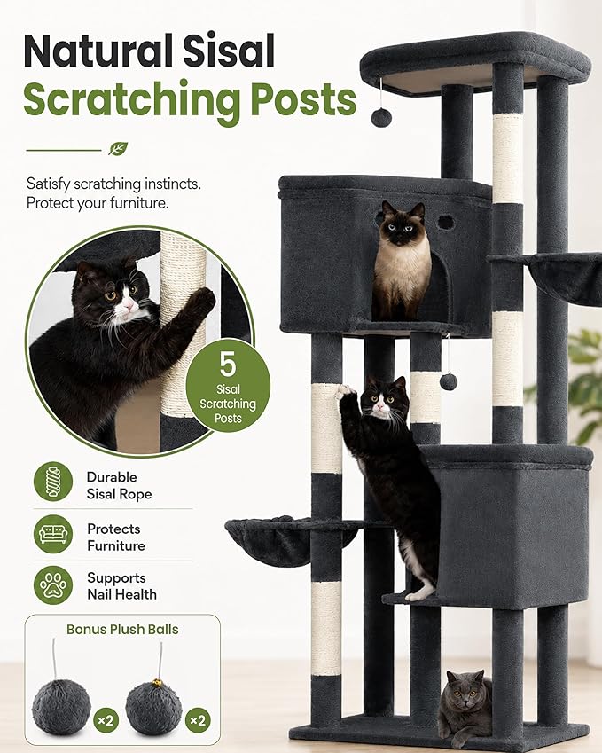Extra Large Cat Tree, 84 Inch XXL Giant Cat Tower for Indoor Cats Large Adult 20lb+, Multi-Level Cat Climbing Condo with 5 Scratching Posts, 3 Wide Platform, 2 Baskets, 2 Cat Houses