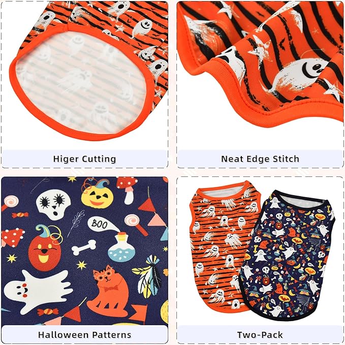2PCS Halloween Puppy Sleeveless Tank Tops Dog Ghost Spooky Bat Pumpkin Pattern Shirts Halloween-Themed Apparel Vest for Small Middle-Sized Dog Cat L
