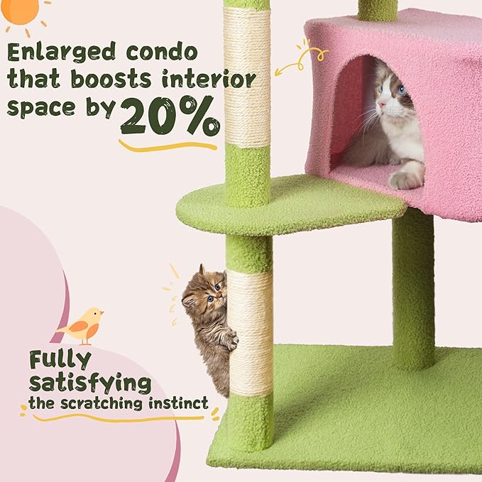 Fantasreen Cat Tree 43'' Cute Cat Tower Flower Cat Trees for Indoor Cat Condo with Hanging Toys Pink Large Top Perch for Kittens and Adults Cats Large
