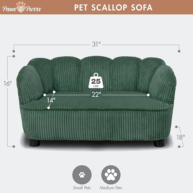 Paws & Purrs Retro Scalloped Back Sofa Style Pet Bed, Dog & Cat Couch with Tufted Cushion & Armrest, Stylish Indoor Pet Furniture, Sage