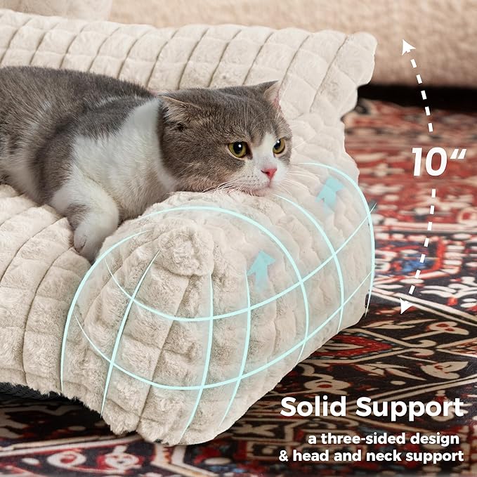 Cat Beds for Indoor Cats - Cute Cat Couch Bed Fluffy Pet Sofa with Faux Rabbit Fur Washable Cover, Fuzzy Pet Couch in 3D Diamond Pattern, Suppportive Large & Small Cats Sofa, 24inch Off White