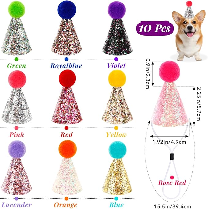 10Pcs Small Dog Party Hats with Sequins, Cats Adjustable Holiday Hats, Puppy Paper Hats for Birthday, Mini Party Hats for Stuffed Animals, Glitter Birthday Party Hats with Pom Poms for Pets