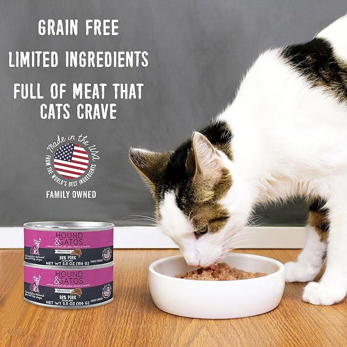 Hound & Gatos Pork Wet Cat Food, Single Protein, 98% Real Meat Formula, Grain Free Limited Ingredient Cat Food, 5.5 oz Cans (Pack of 24)