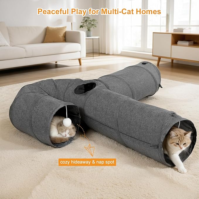Ownpets Cat Tunnel Large 3 Way Collapsible Cloth Pet Tunnel Tube with Plush Ball & Feather Toy, U-Shaped Cat Play Tunnel for Indoor Cat, Puppy, Kitty, Kitten, Rabbit(Gray)