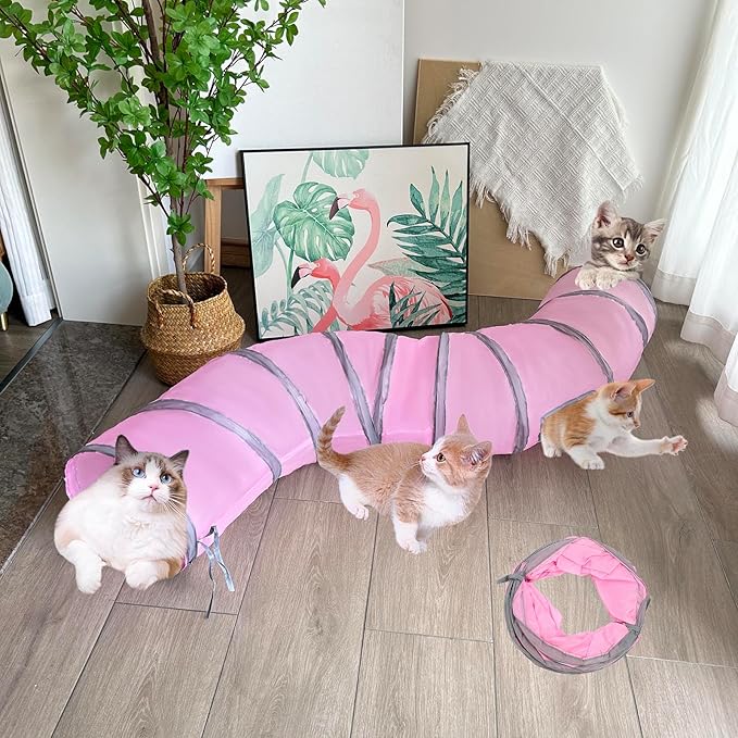 Cat Tunnel Tube Toy Collapsible 2 Way Pink, Pet Tunnels for Indoor Cats, Long Tubes for Kitten, Puppy, Rabbit, Interactive Toys for Fun Playtime & Exercise