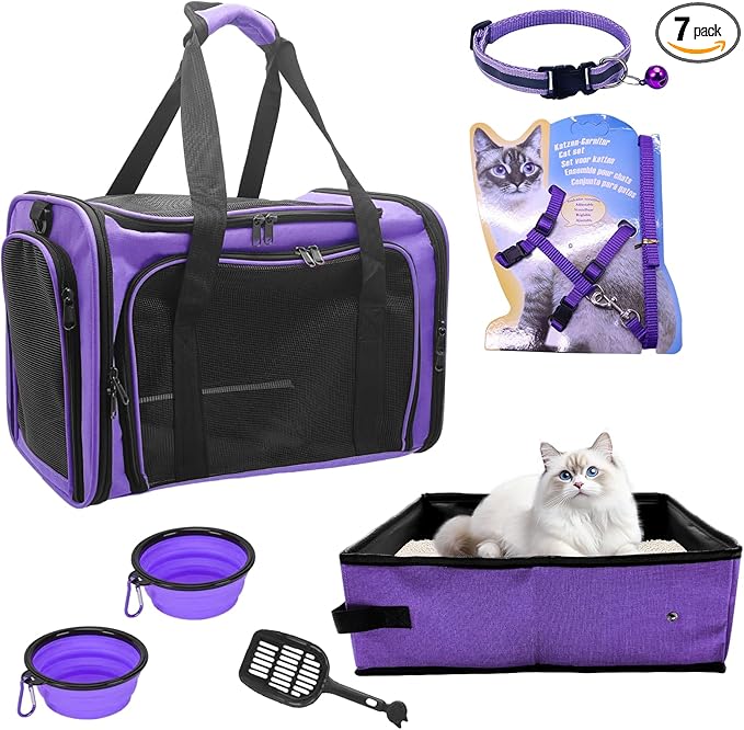 Soft-Sided Cat Carrier with Litter Box for Traveling & Camping, Pet Bag Fit 20lbs Pets,17.7' * 11.8 * 11.8 inches Cat Travel Carrier, Purple