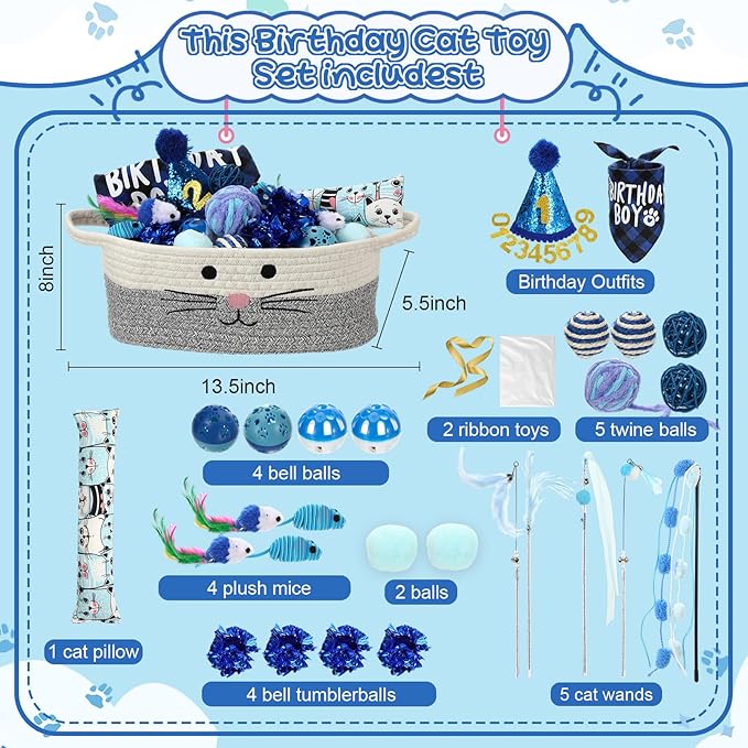Zopeal Graduation Cat Toy Set Interactive Cat Toys Pack Including Feather Teaser Wand Plush Gift Outfit Mice Crinkle Balls and Pet Bell Balls, Puzzle for Indoor Cats Gift Basket for Kitten(Blue)
