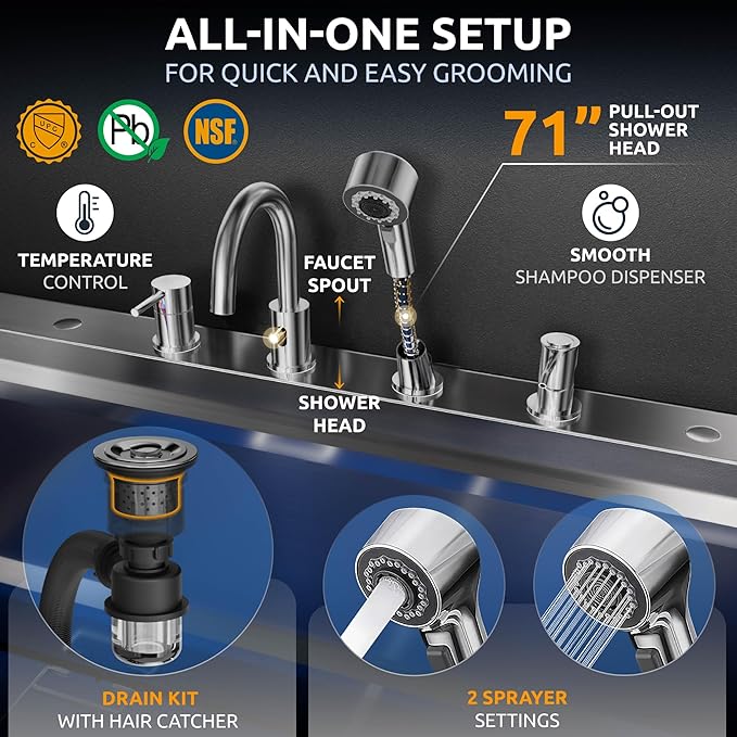 KANIS Professional Dog Washing Station 304 Stainless Steel Pet Wash Sink & Grooming Bathtub w/Shower, Floor Grates and Storage for Large, Medium & Small Pets (Black, 50 Inches, Left Ramp, 2 Drawers)