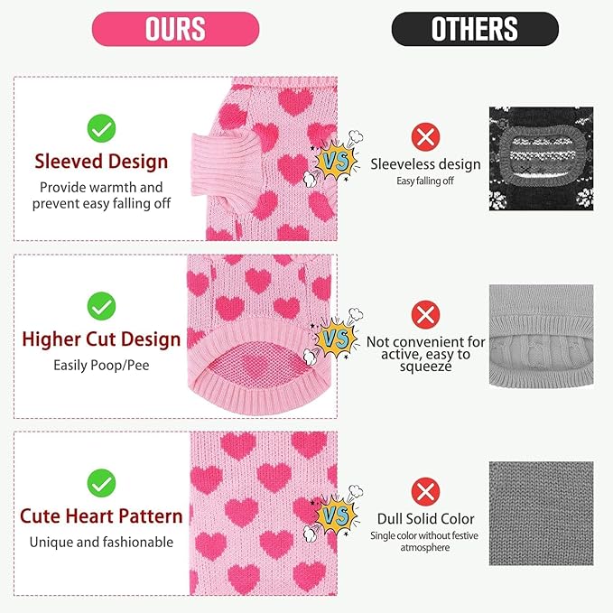 KOOLTAIL Cat Sweater - Outfit with Heart Love Pattern Cold Weather Soft Warm Knit Turtleneck Clothes for Cats Kitten Small Dogs Puppy Pink S