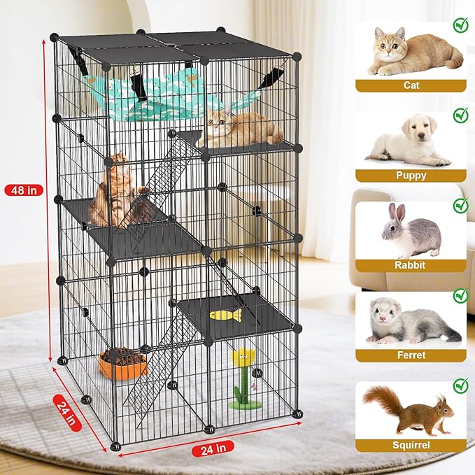 VISCOO Cat Cage, 4-Tier DIY Cat Enclosures Catio, Cat Playpen Indoor & Outdoor with Hammock, Detachable Metal Wire Kennel Cats Crate, 2x2x4 Exercise Place for 1-3 Cats/Kitten