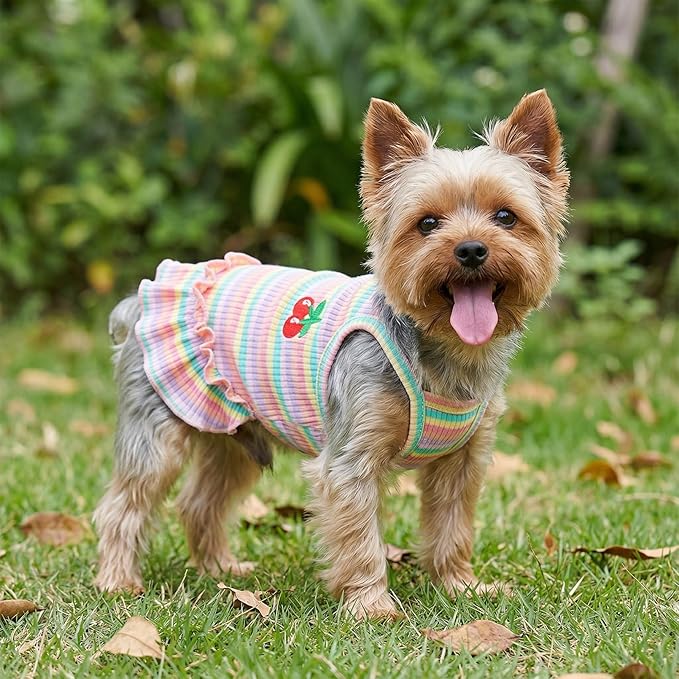 Jmkcoz Cute Striped Dog T Shirts Cherry Puppy Dress Soft Cotton Pet Sleeveless Vest Clothes Spring Summer Pet Outfits for Small Dogs Cats Girl (Pink, Small)
