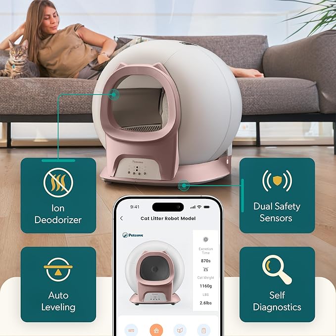 Petcove Automatic Self Cleaning Litter Box for Multiple Cats - PurrTek with Smart App (5GHz Wi-Fi), Triple Odor Control, Quiet Operation & Advanced Safety Sensors