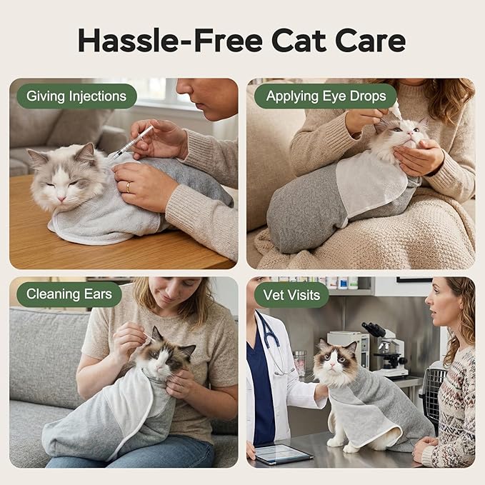 Cat Wrap for Cutting Nails, Self-Adhesive Cat Nail Clipping Restraint Bag, Anti-Scratch Cat Grooming Wrap Swaddle for Meds, SubQ Fluids, Ear Cleaning, Teeth Brushing & Vet Visits,Grey,M