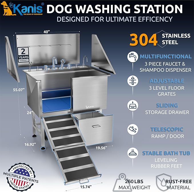 KANIS Professional Dog Washing Station 304 Stainless Steel Pet Wash Sink & Grooming Bathtub w/Shower, Floor Grates and Storage for Large, Medium & Small Pets (Silver, 40 Inches, Left Ramp, 1 Drawer)