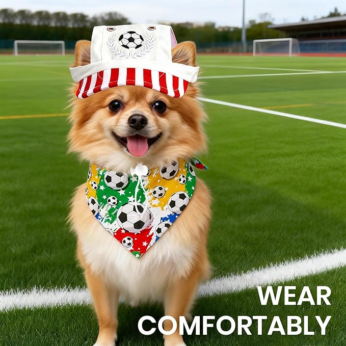 World Cup Football-Themed Dog Accessories: Triangular Bandana and hat Set. Breathable and Comfortable, Adjustable fit, Suitable for Small to Medium-Sized Pets for Outdoor Activities and photoshoots.