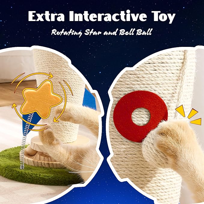 Cat Scratching Post, Rocket Cute Sisal Cat Scratcher with Durable Solid Wood Turntable Toy, Cat Scratch Post Red Cat Scratcher with Spinning Star Toy for Indoor Adult Cats