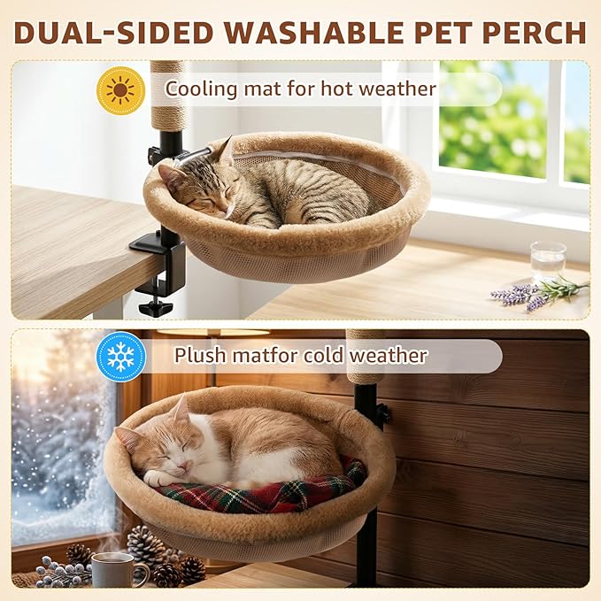 Cat Desk Bed with Scratching Post - Adjustable Height & 360° Rotation, Reversible Machine Washable Cover, Space-Saving Clamp-On Design for Office Desks, Sturdy Support for Indoor Cats (Camel)
