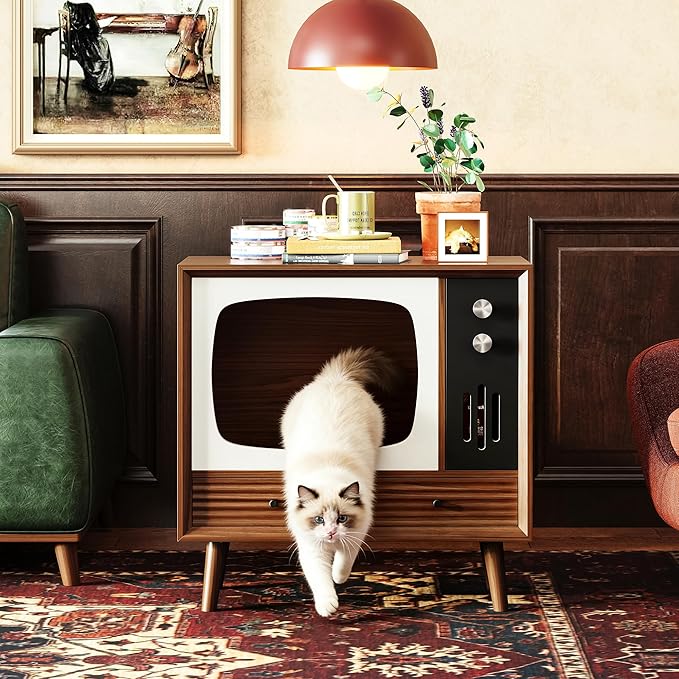 IRONCK TV-Shaped Cat House for Indoor – Vintage Wooden Cat Condo with Drawers, 2-in-1 Side Table & Nightstand for Living Room, Walnut