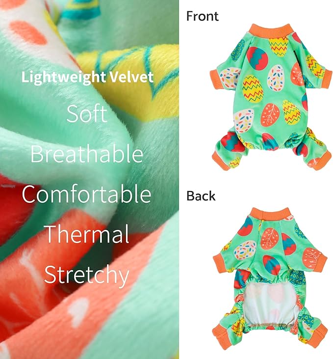 Fitwarm Easter Egg Dog Pajamas, Holiday Dog Clothes for Small Dogs Girl Boy, Pet Easter Outfit, Puppy Cat Onesie, Lightweight Velvet, Light Green, Orange, Small