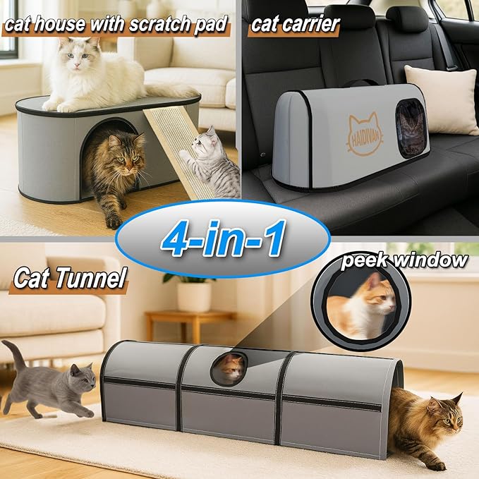 Pet 4-in-1 Cat Tunnel, Carrier, House & Scratcher – Detachable and Combinable – Indoor Beds, Outdoor Use, Cat Toys & Furniture (Gray)