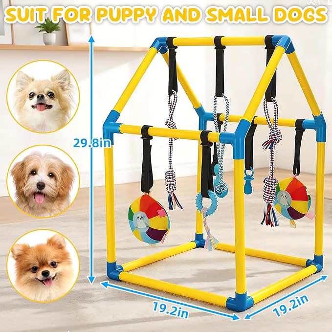 Puppy Play Gym with Hanging Toys, Dog Indoor Jungle Gym as Activities Center for Puppies, PVC Frame with 8 Enrichment Toys for Small Dogs Kitten and Other Pets